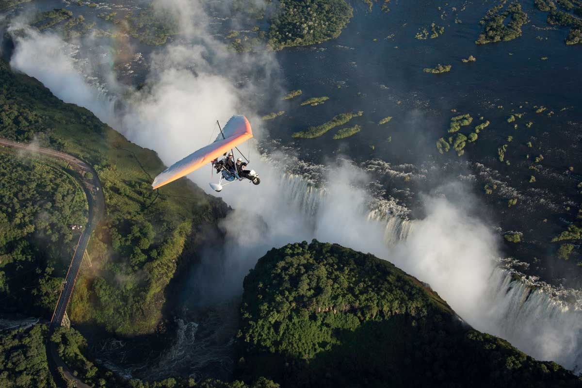 Microlights flight over the spectacular Victoria Falls in Zambia