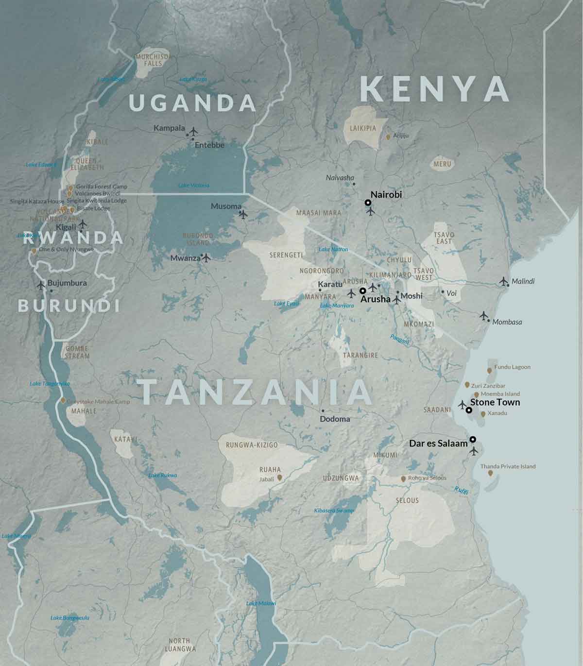 Detailed map of East Africa including Kenya, Uganda, Tanzania, Rwanda and Burundi
