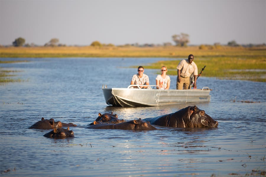 Safari en barco por el río en el Parque Nacional de Kafue, Zambia.