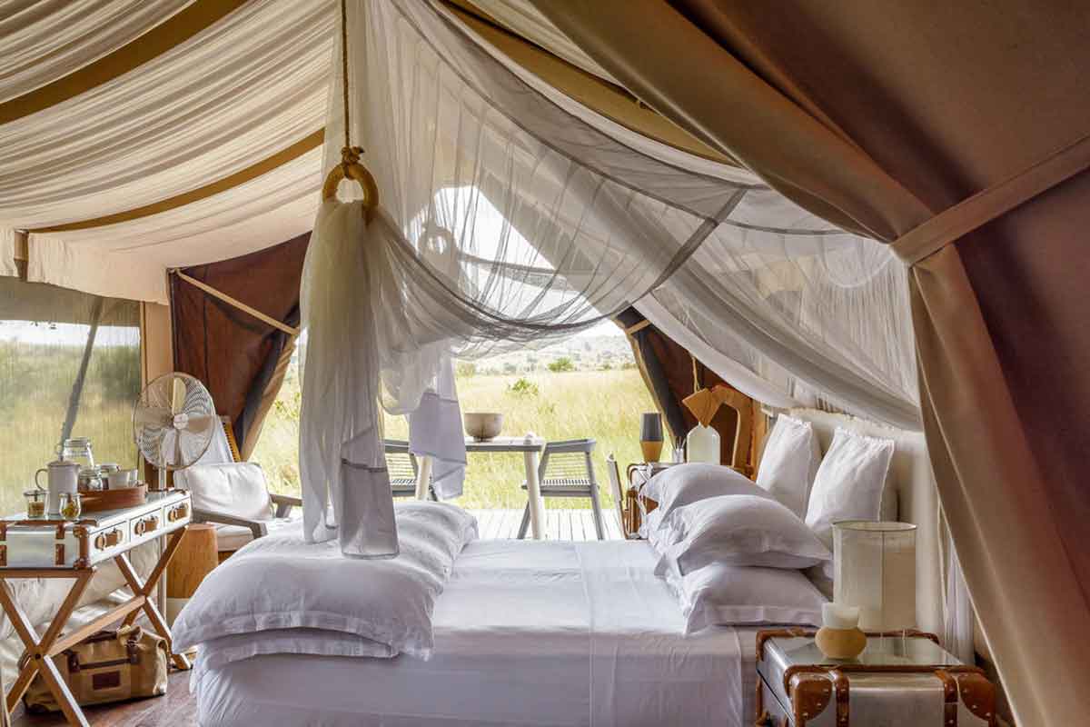 View of the luxurious interior of Singita's Mara River Tented Camp in the Serengeti National Park
