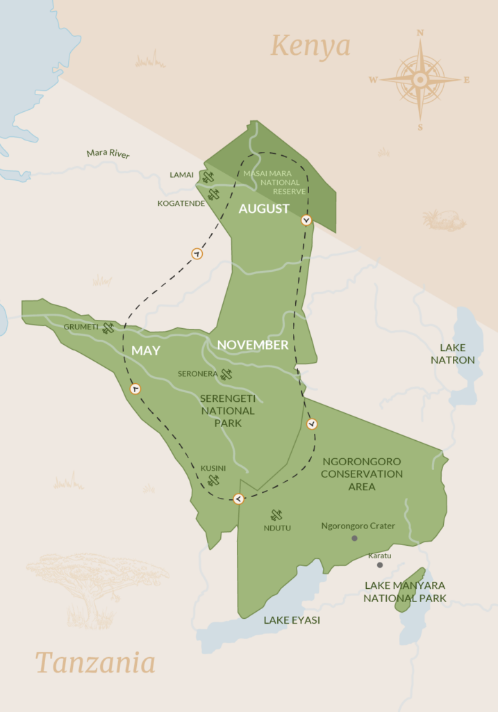 A map showing the route taken by wildlife along the Great Migration circuit | Go2Africa
