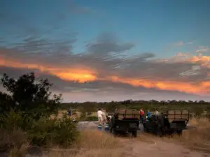 Los atardeceres suelen disfrutarse en un bello entorno en algún lugar de la reserva, normalmente en lo alto de un afloramiento rocoso o con vistas a una charca.
