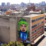 The Falko mural graces the Johannesburg skyline.