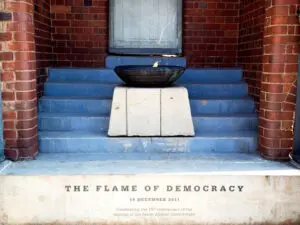 The Flame of Democracy burns at the top of Constitutional Hill in Johannesburg.