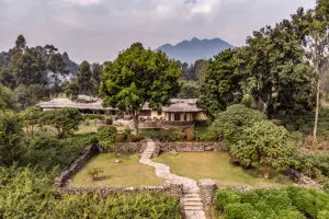 Exterior view of Mount Gahinga Lodge in Uganda.
