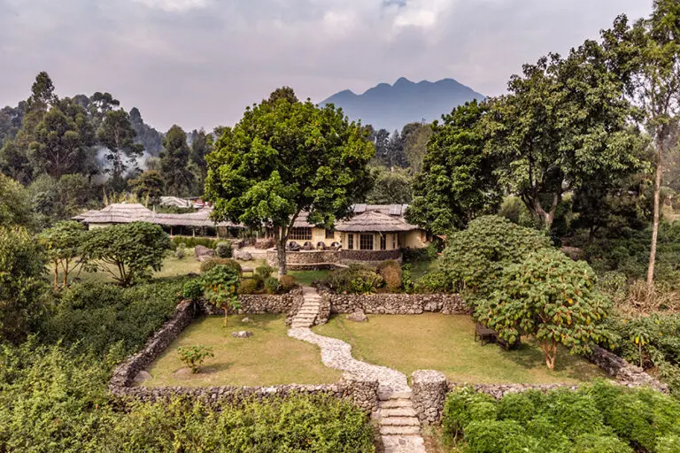 Exterior view of Mount Gahinga Lodge in Uganda.
