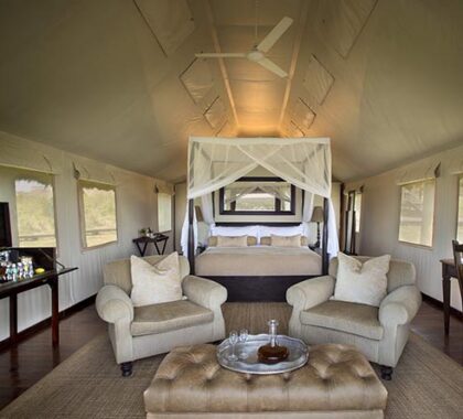 Gorah's tented suites provide a luxurious retreat, transporting you back to the golden era of safari .
