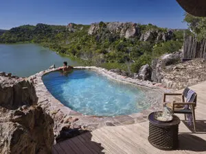 Guests at Singita Pamushana can enjoy a swim with expansive views across the reserve.