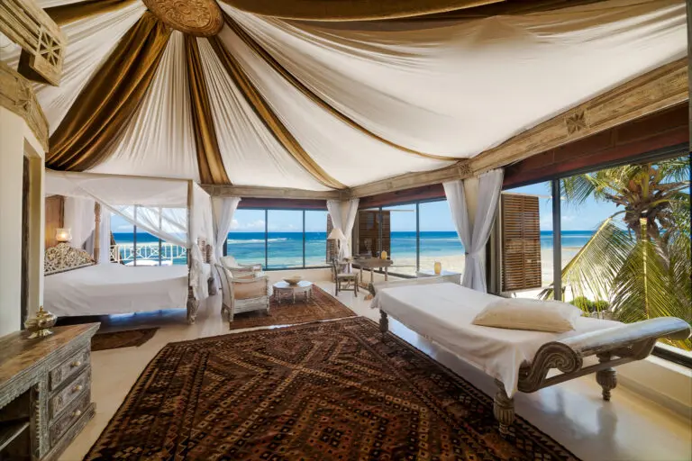 The master bedroom is the draped Turret Suite and boasts 270-degree ocean views.