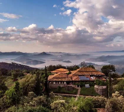 Aerial view of Virunga Lodge and dramatic Rwanda landscapes