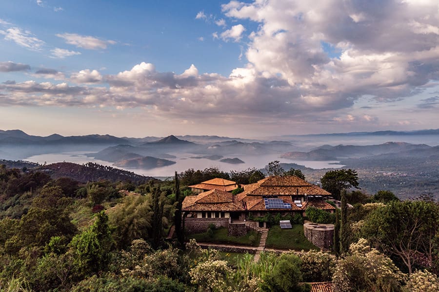 Aerial view of Virunga Lodge and dramatic Rwanda landscapes