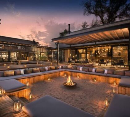 Lion Sands River Lodges' firepit area is a fantastic spot for social gatherings to take place beneath the stars.