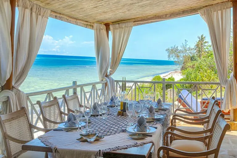 Enjoy a delicious meal in the dining area overlooking the Indian Ocean.