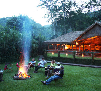 After a day out gorilla trekking in the wet forest, returning to the crackling boma fire at Clouds Mountain Lodge is a delight.