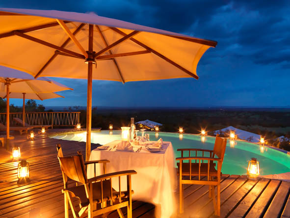 Private dining is always popular on honeymoon - Kenya's Mara Bushtops does it poolside with a view.