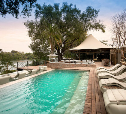 The swimming pool at Thorntree River Lodge in Zambia.