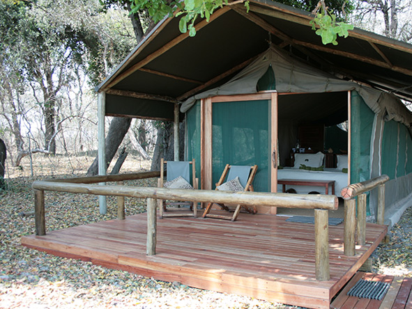 Each tented suite at Kwara Camp have their own private deck and have roll down canvas sides.
