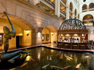 This sophisticated hotel has a bar and koi pond.