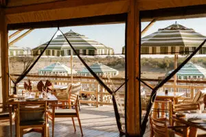 The indoor dining area leads out onto the pool and viewing deck where you can look out over the wilderness and a waterhole. 