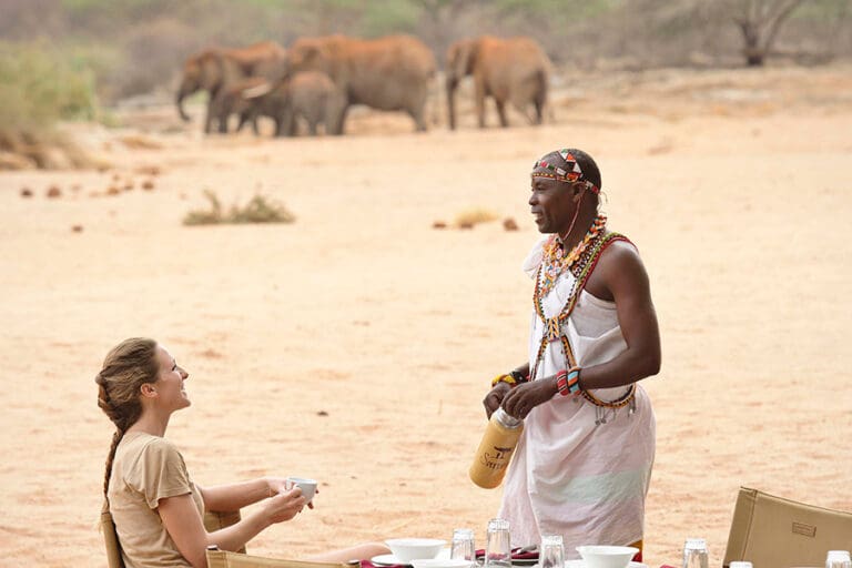 Breakfast with ellies in the background at Saruni Samburu.