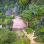 El campamento se encuentra bajo árboles gigantes, creando una experiencia auténtica y emocionante en la selva tropical.