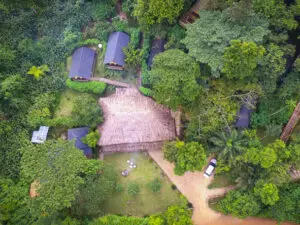 El campamento se encuentra bajo árboles gigantes, creando una experiencia auténtica y emocionante en la selva tropical.