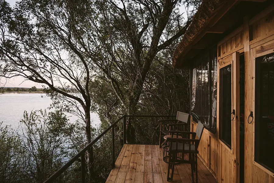 The River Chalet decks overlook the Zambezi River.