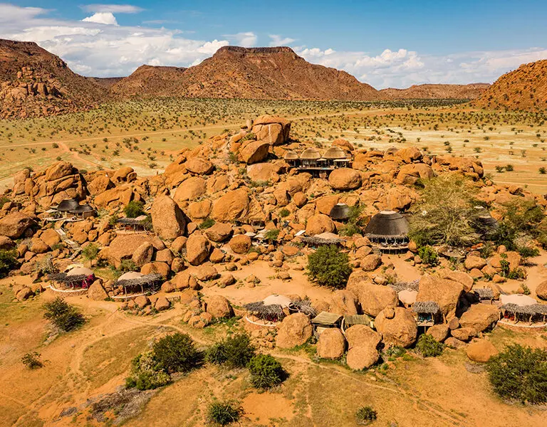 The camp is nestled in the boulders, facing out onto superb scenery.