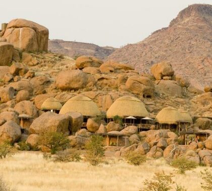 The camp is nestled in the boulders, facing out onto superb scenery.