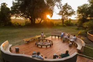 The open-air fire deck at Camp Moremi, the place where stories of the day are shared. 