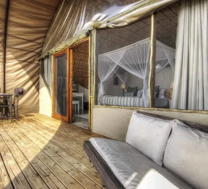 Todas las habitaciones tienen un porche privado amueblado con vistas excepcionales al canal de agua y las llanuras de Moremi. 
