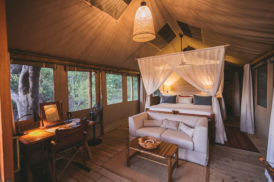 Camp Xakanax guest tent interior.