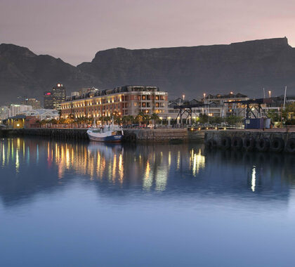 Cape Grace Exterior framed by the iconic Table Mountain.