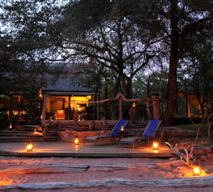 Lamplight makes a warm welcome for guests returning from a late afternoon game drive.