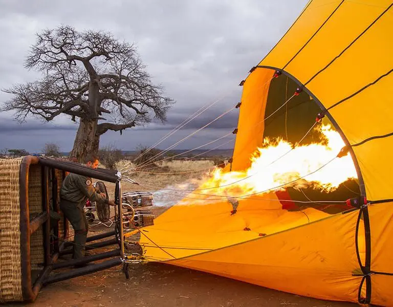 A hot air balloon safari at dawn. 