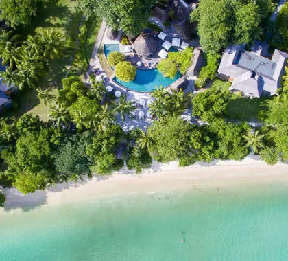 Aerial view of the pristine coastline and beach.