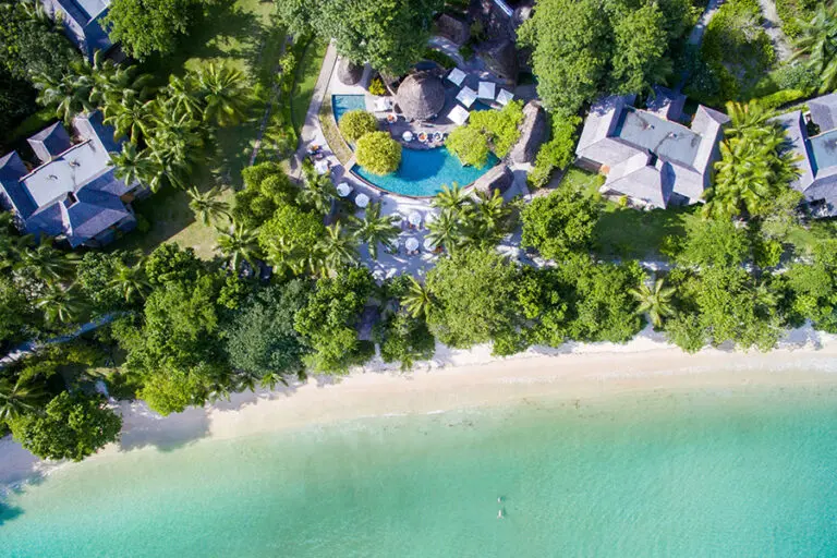 Aerial view of the pristine coastline and beach.