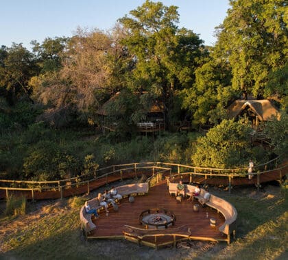 Camp Moremi's elevated firepit overlooks the floodplains of the Moremi reserve.