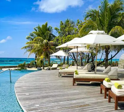 Comfortable sun loungers line the swimming pool looking out to the azure sea. 