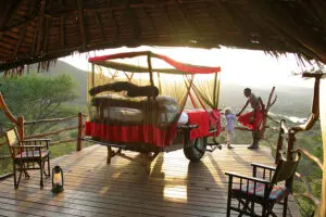 Beds can be wheeled out into the open, or under the cover of thatched roofs.
