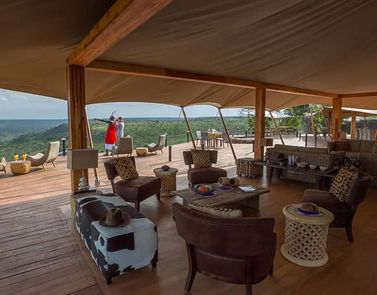 The communal lounge showcases unhindered views across Laikipia’s mottled landscape, all the way to Mount Kenya.