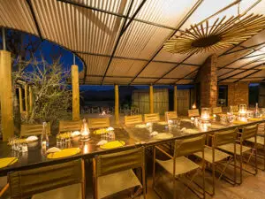 Homely meals are enjoyed with fellow guests & guides in Etendeka's open-sided mess tent.