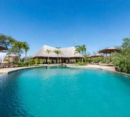 The large swimming pool at camp offers respite from the hot sunny days.