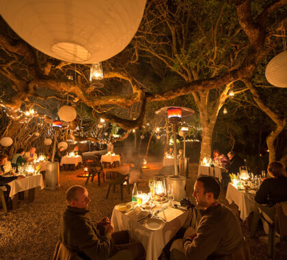 A dinner in the lantern lit forest boma at Grootbos.
