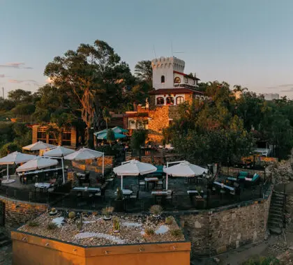 The hotel's garden terrace looks out over the city. 