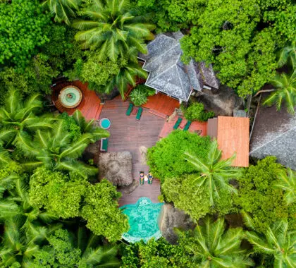 El lujoso Eforea Spa, rodeado de exuberantes palmeras y vegetación.