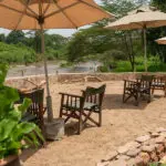 Relájese a la sombra de una sombrilla junto al río.