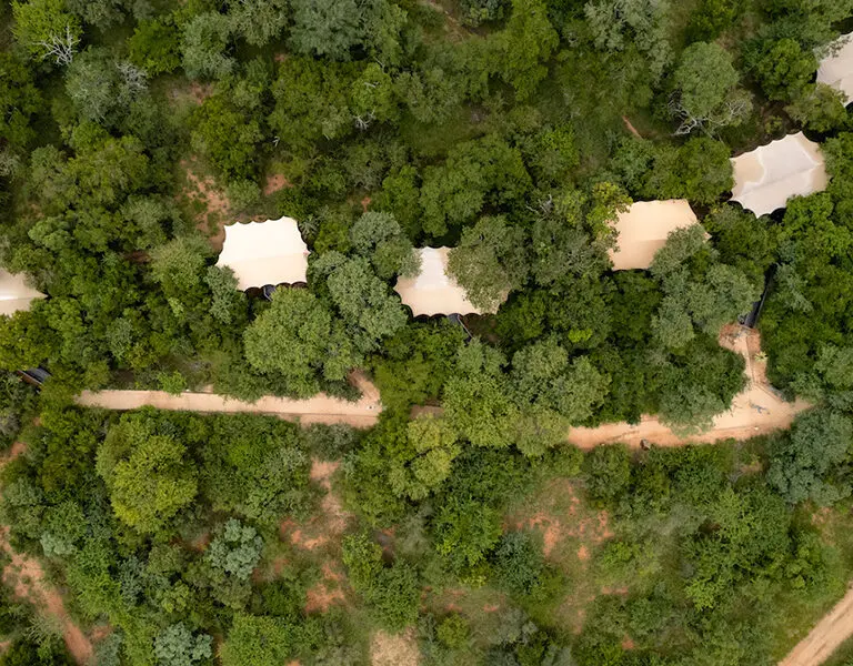 An aerial view of the luxury tents.