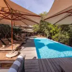 La zona de la piscina está protegida por un frondoso follaje y se completa con tumbonas.