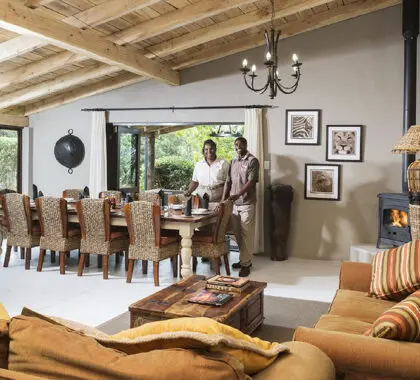 Relax on the comfortable couch in the lounge and enjoy a delicious meal in the dining area.
